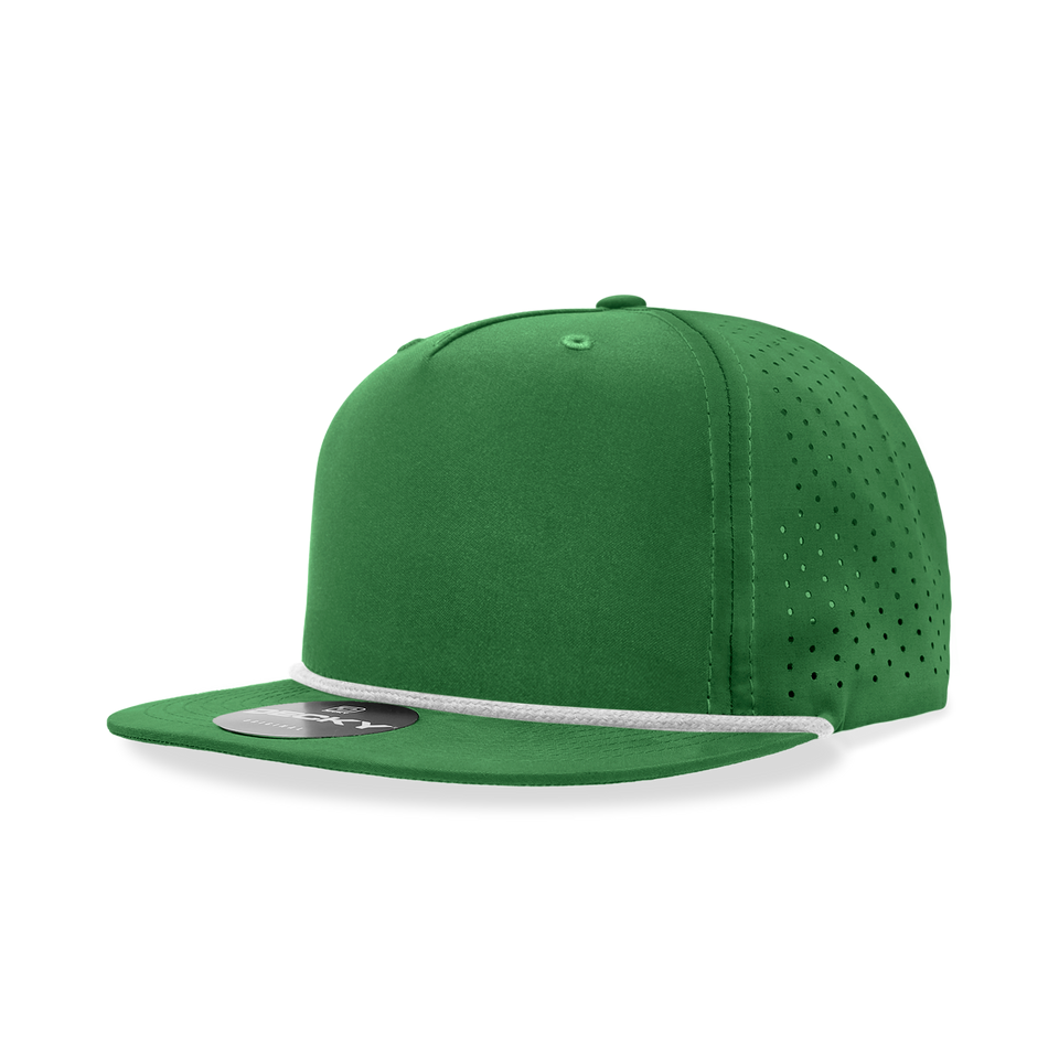 A green baseball cap with a white rope around the brim