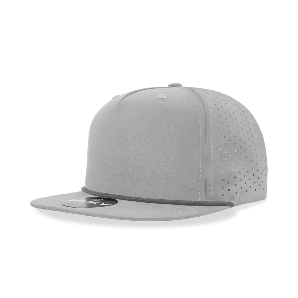 A gray baseball cap with holes in it on a white background