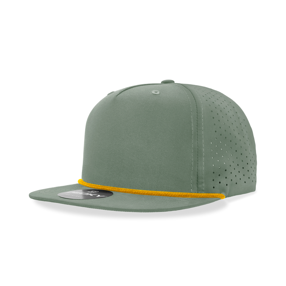 A green baseball cap with a yellow rope around the brim