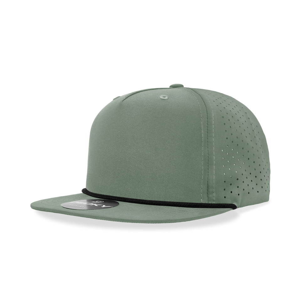 A green baseball cap with holes in it