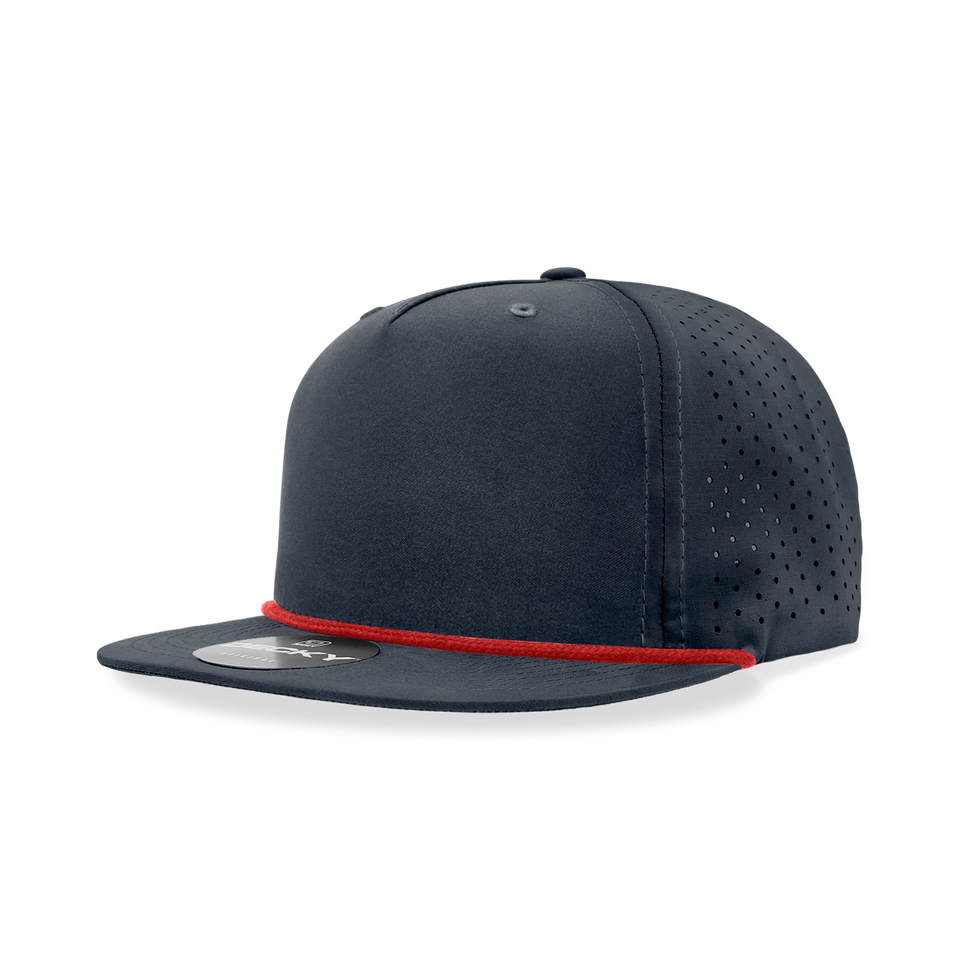 A black hat with a red rope around the brim