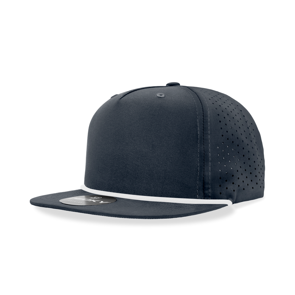 A black baseball cap with a white rope around the brim on a white background.