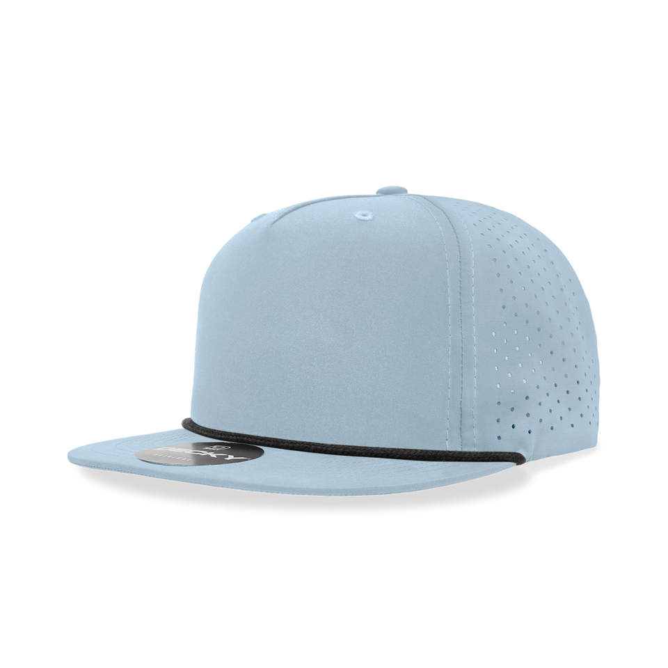 A light blue baseball cap with a black rope around the brim.