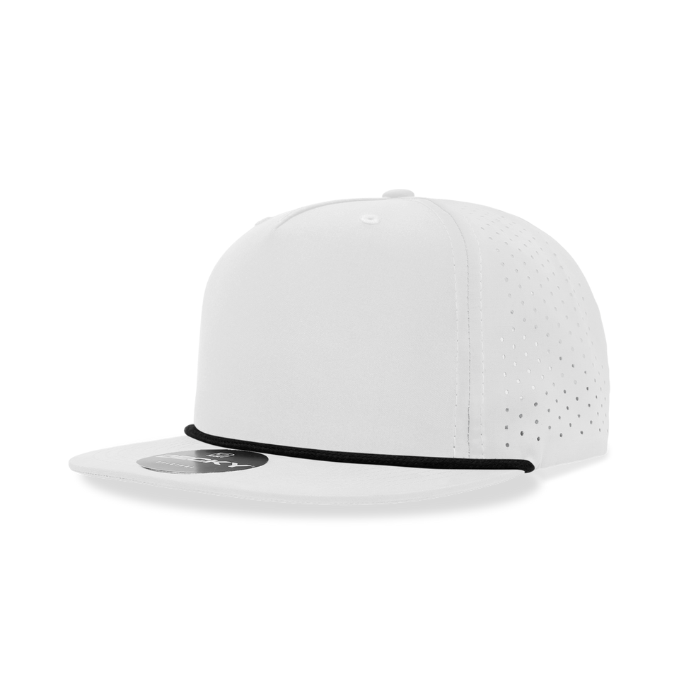 A white baseball cap with a black rope around the brim on a white background.