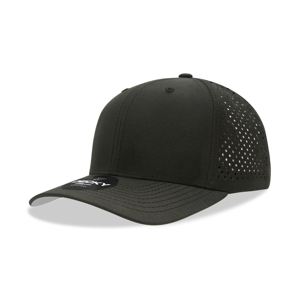 A black baseball cap with holes in it on a white background