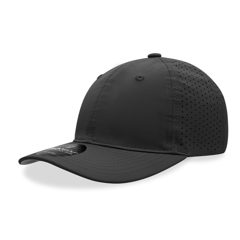 A black baseball cap with holes in it on a white background