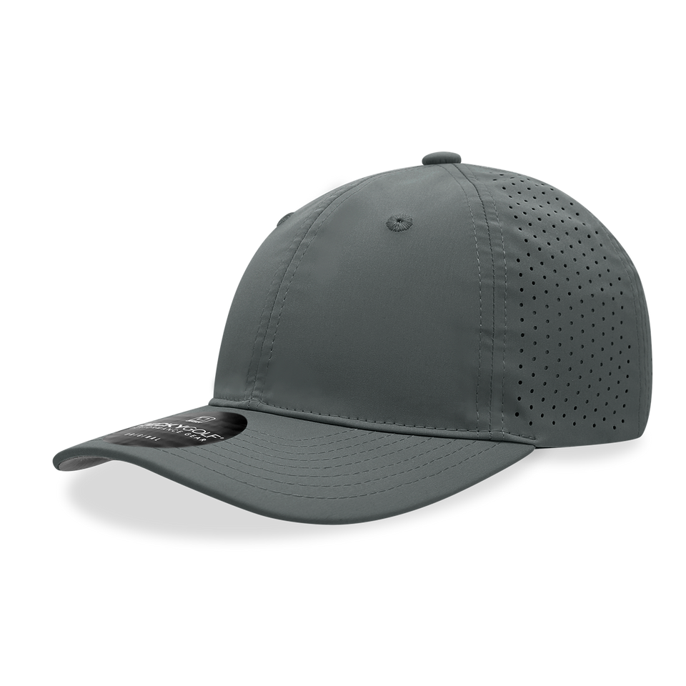 A grey baseball cap with holes in it on a white background