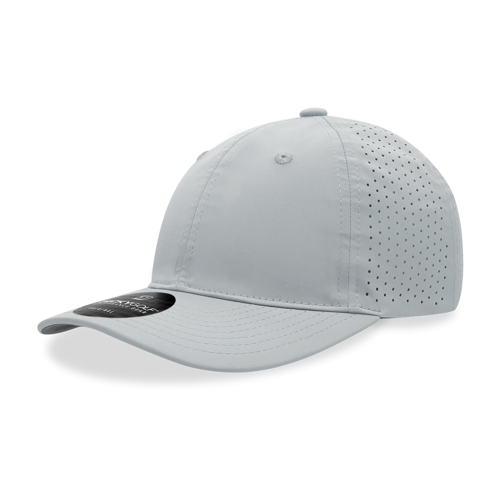 A grey baseball cap with holes in it on a white background
