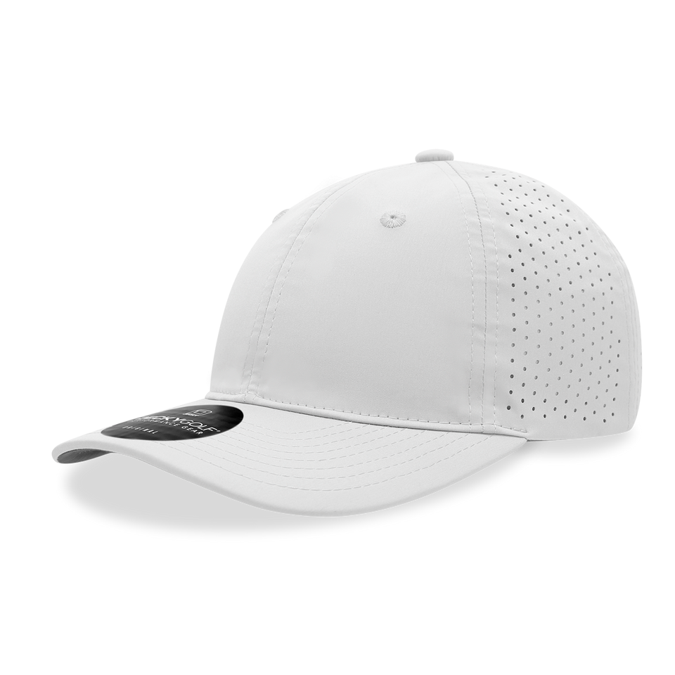 A white baseball cap with holes in it on a white background