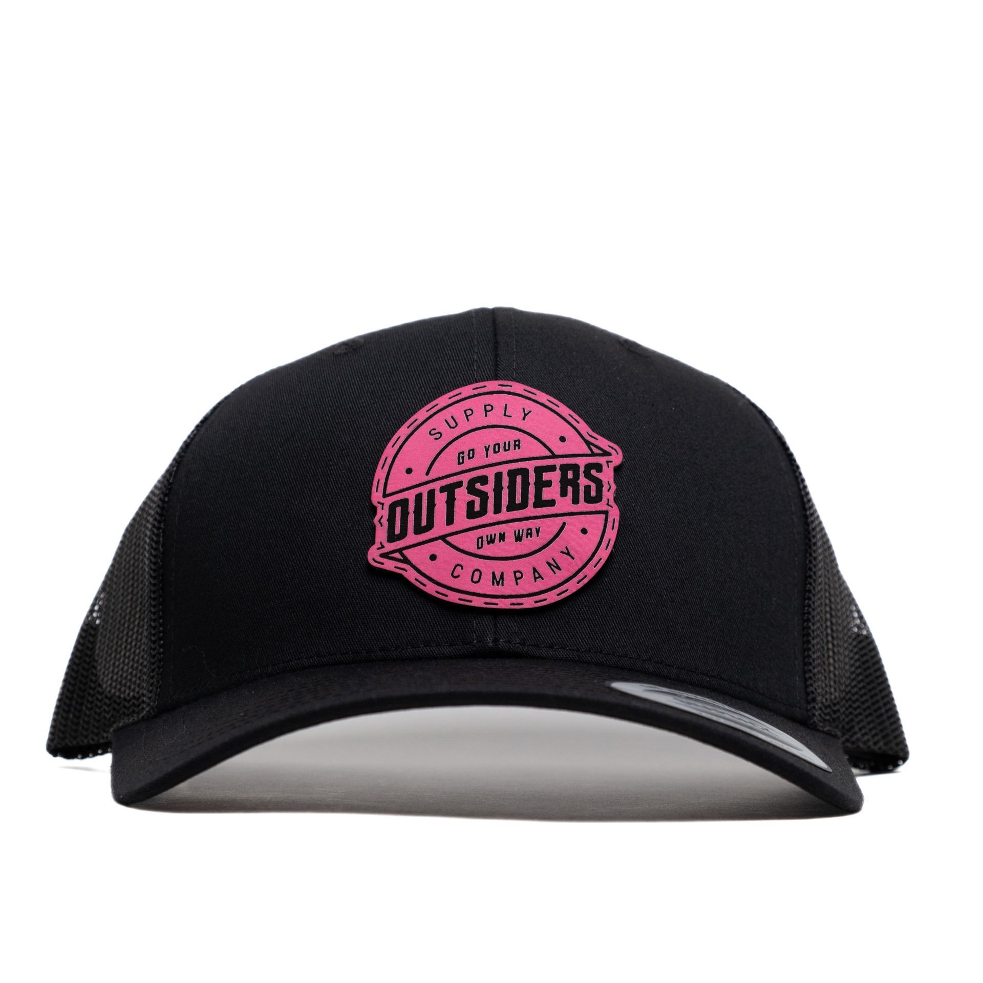 A black hat with a pink outsiders logo on it