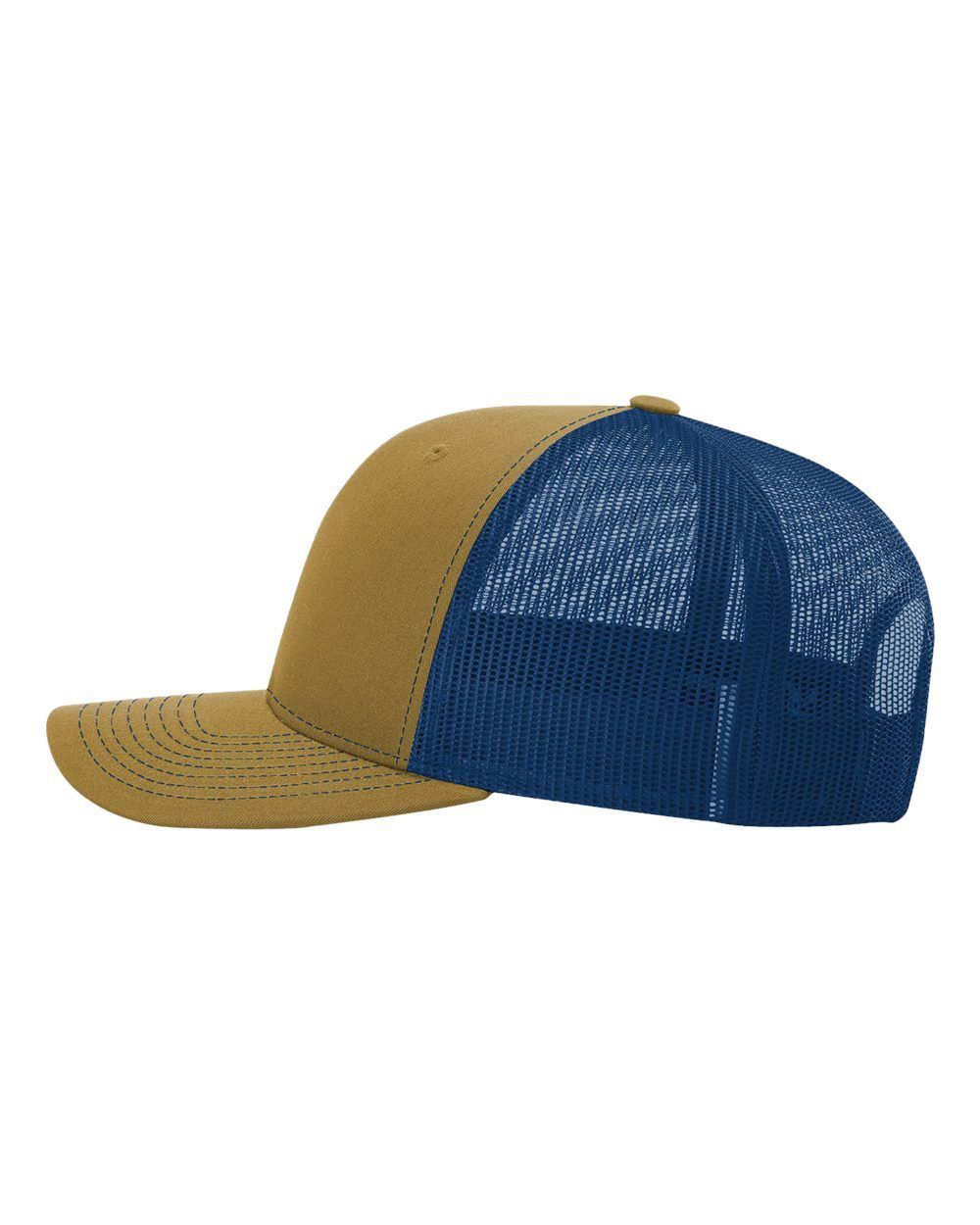 A brown and blue trucker hat with a mesh back on a white background.