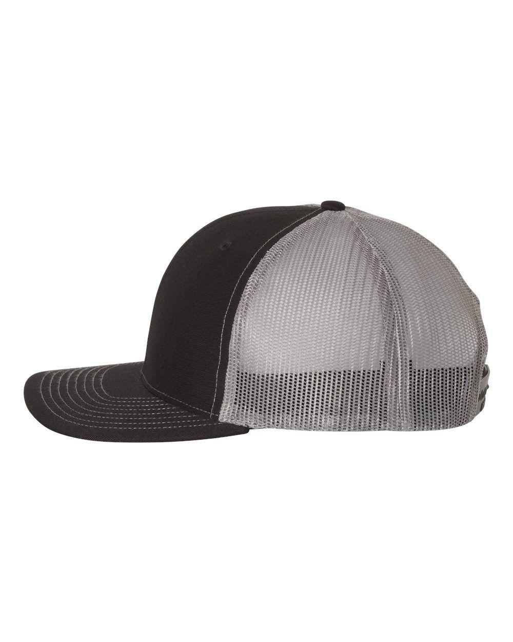 A black and gray trucker hat with a mesh back on a white background.