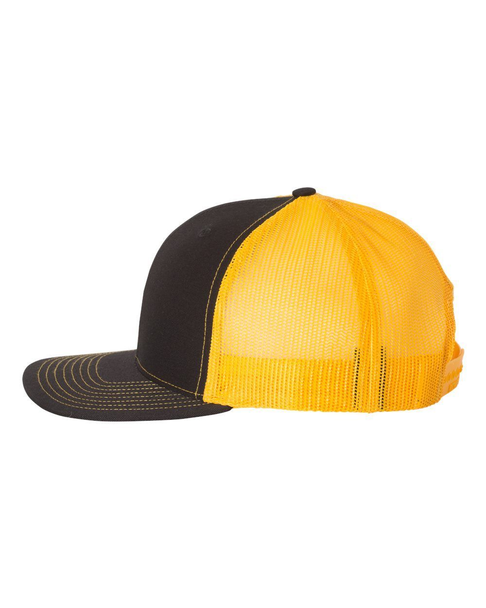 A black and yellow trucker hat on a white background