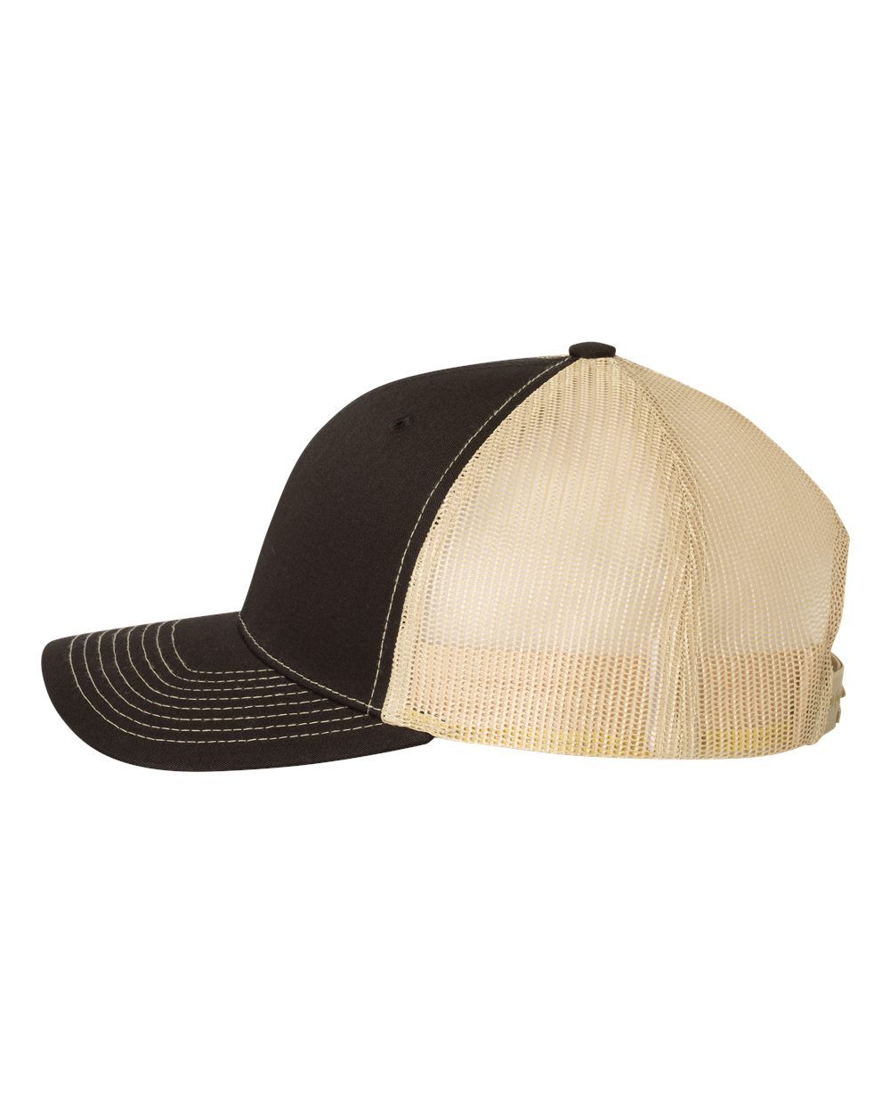 A black and tan baseball cap with a mesh back