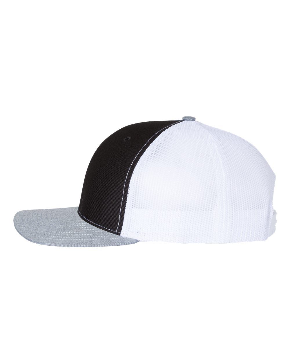 A black and white baseball cap with a grey brim on a white background.