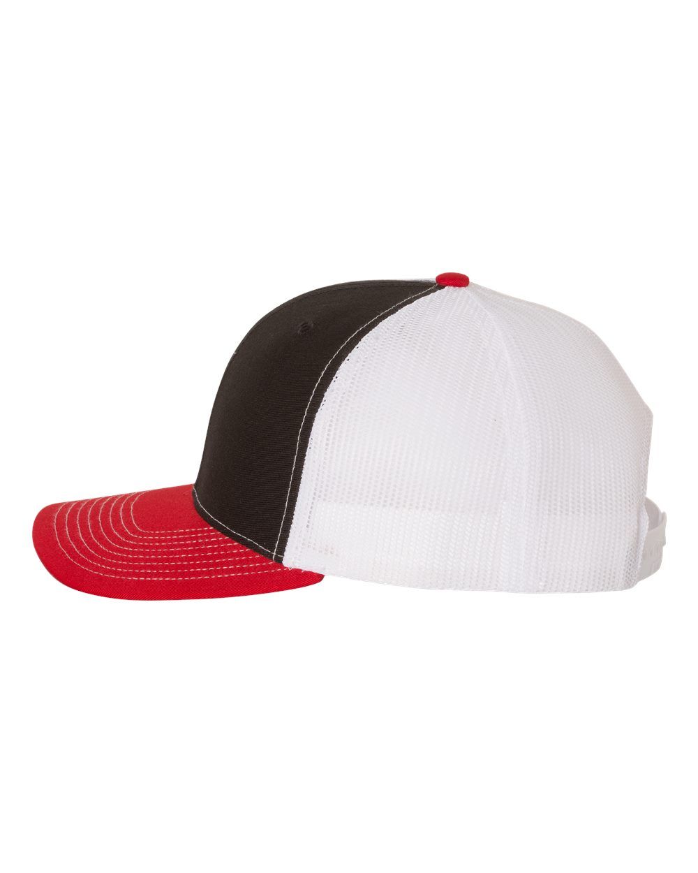 A black and white baseball cap with a red brim on a white background.