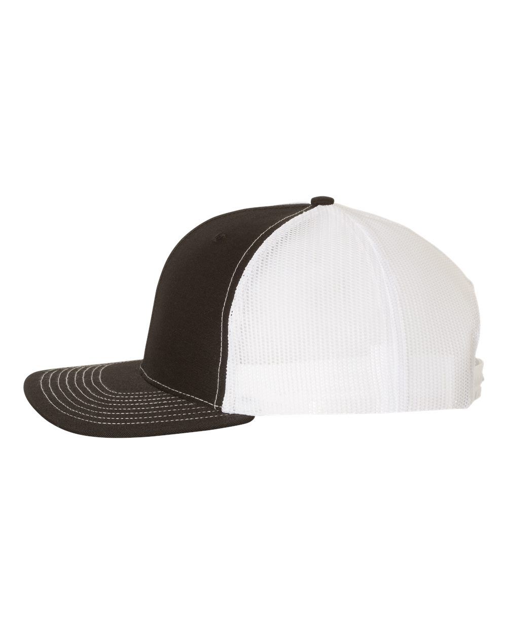 A black and white baseball cap with a mesh back