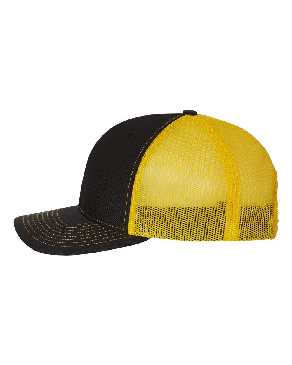 A black and yellow trucker hat on a white background