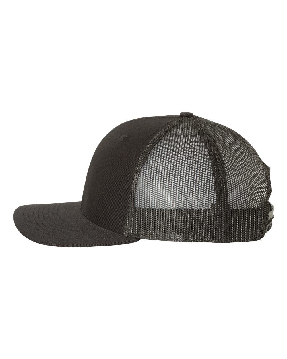 A black trucker hat with a mesh back on a white background.