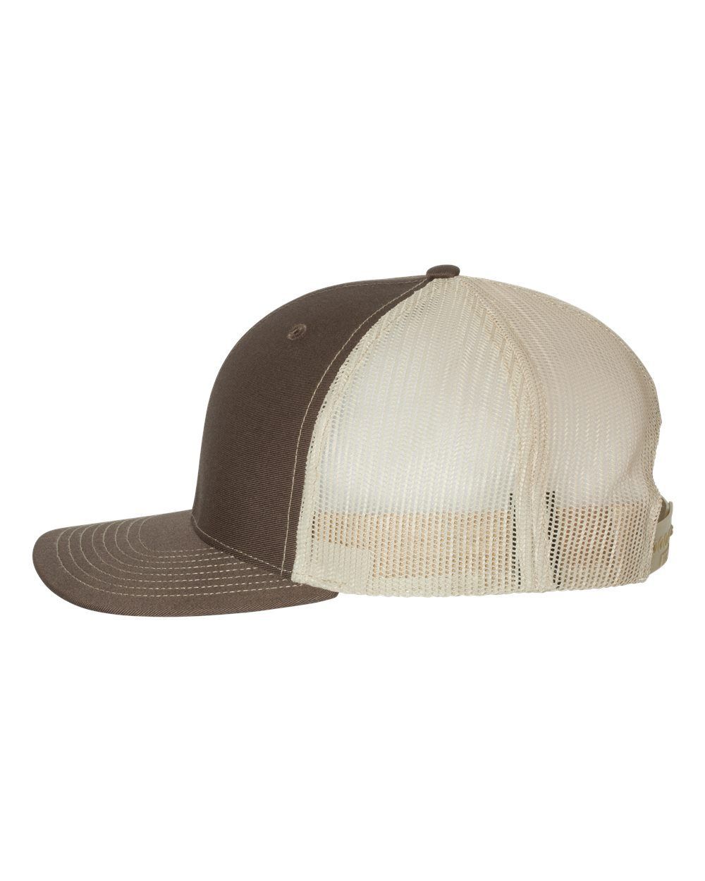 A brown and white baseball cap with a mesh back on a white background.