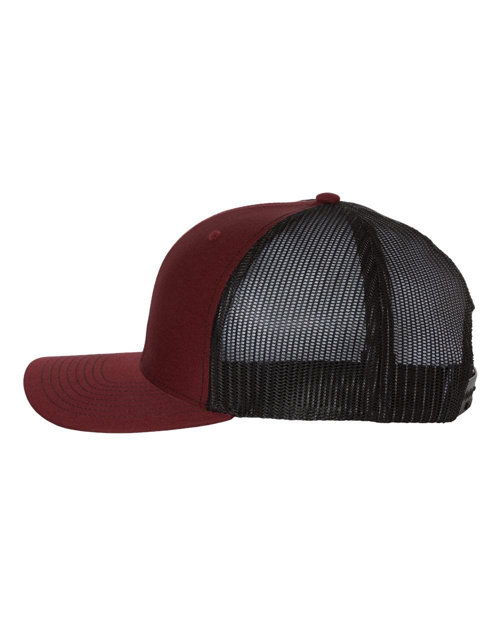 A maroon trucker hat with a black mesh visor on a white background.