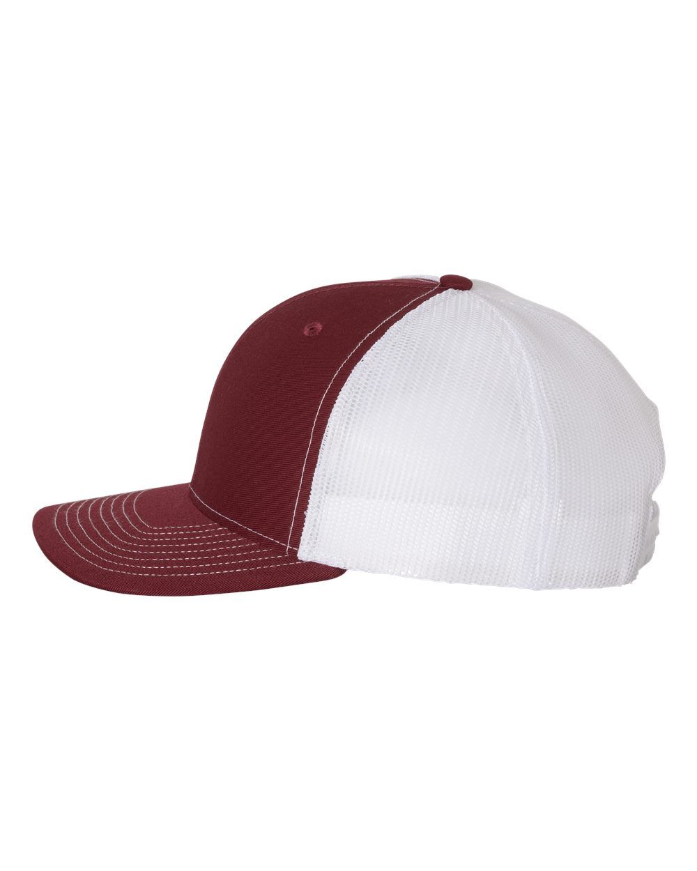 A maroon and white baseball cap on a white background