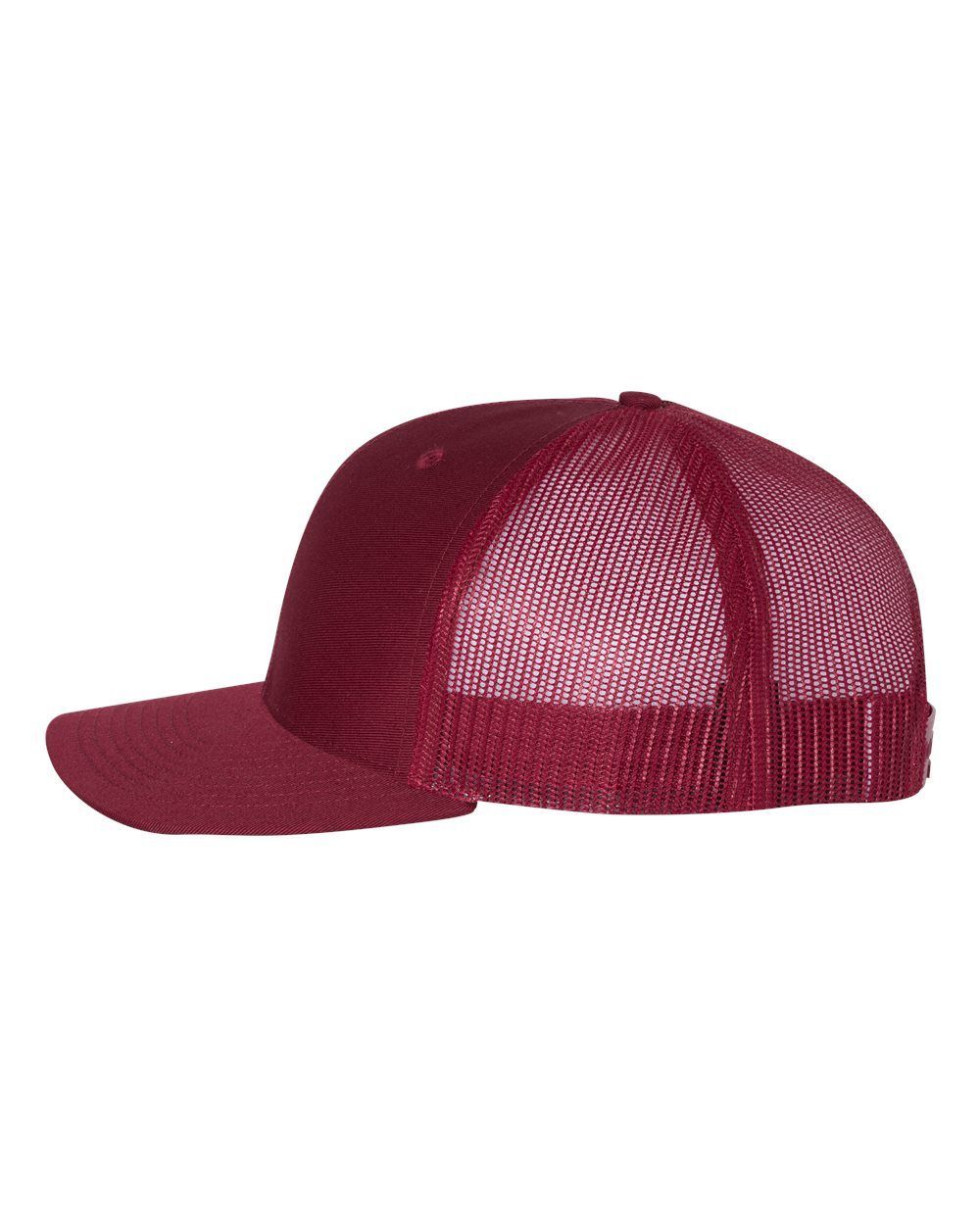 A maroon trucker hat with a mesh back on a white background.