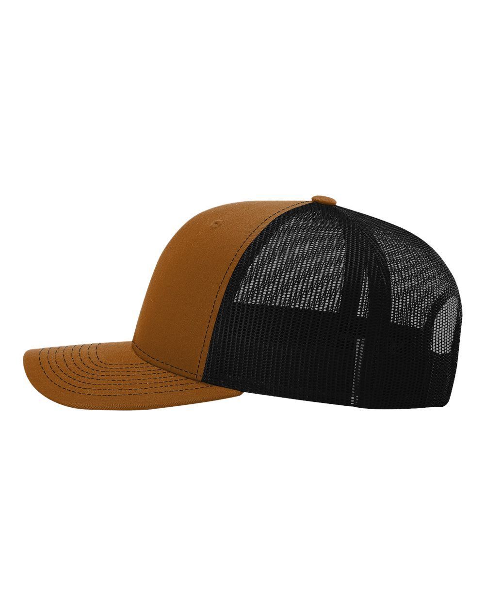 A brown and black trucker hat with a mesh back on a white background.