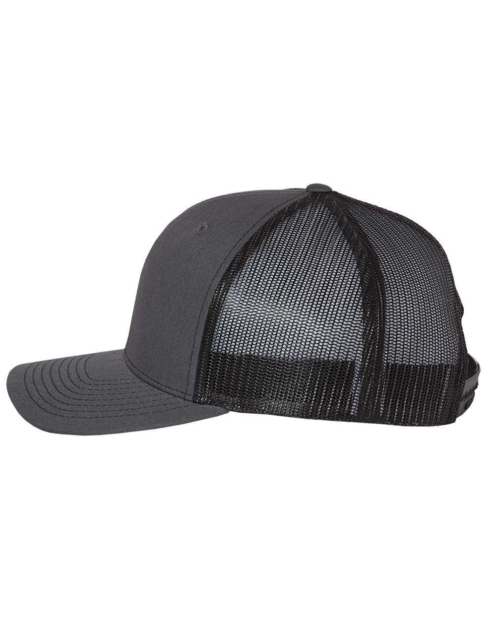 A black trucker hat with a mesh back on a white background.