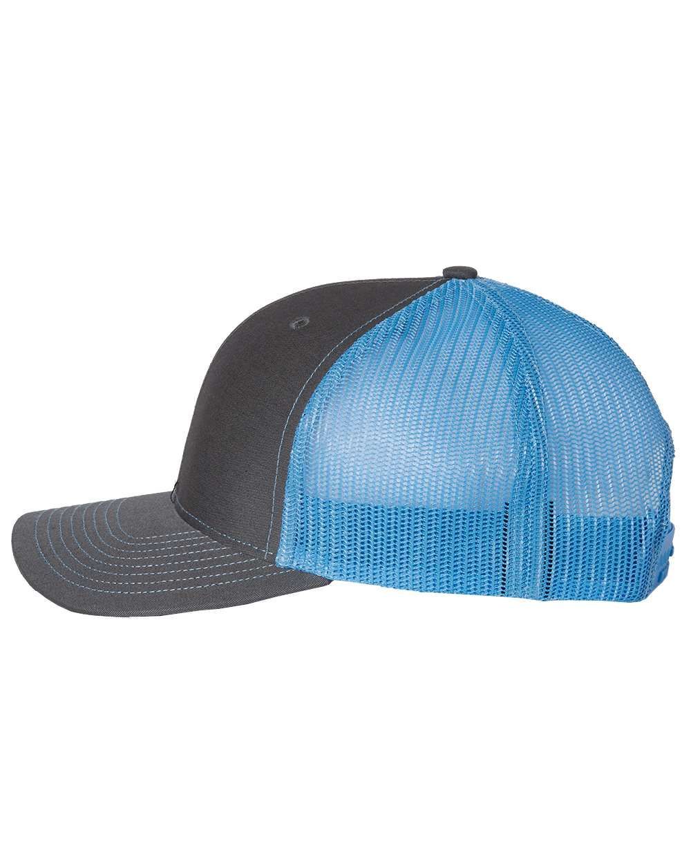 A black and blue trucker hat with a mesh back