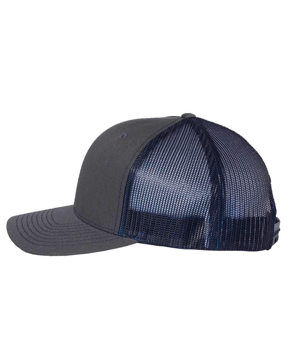 A gray trucker hat with a blue mesh back on a white background.