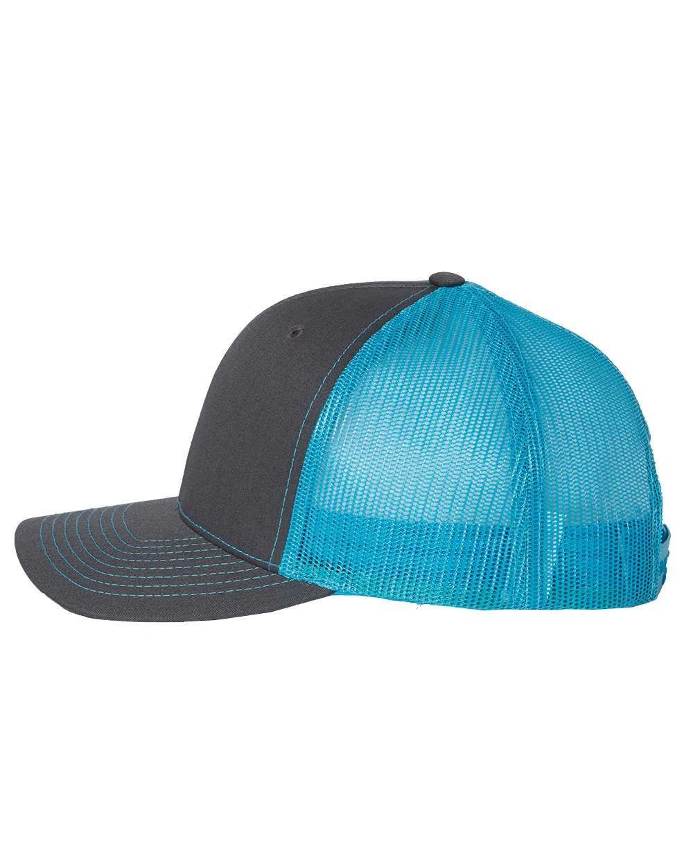 A black and blue trucker hat with a blue mesh back on a white background.