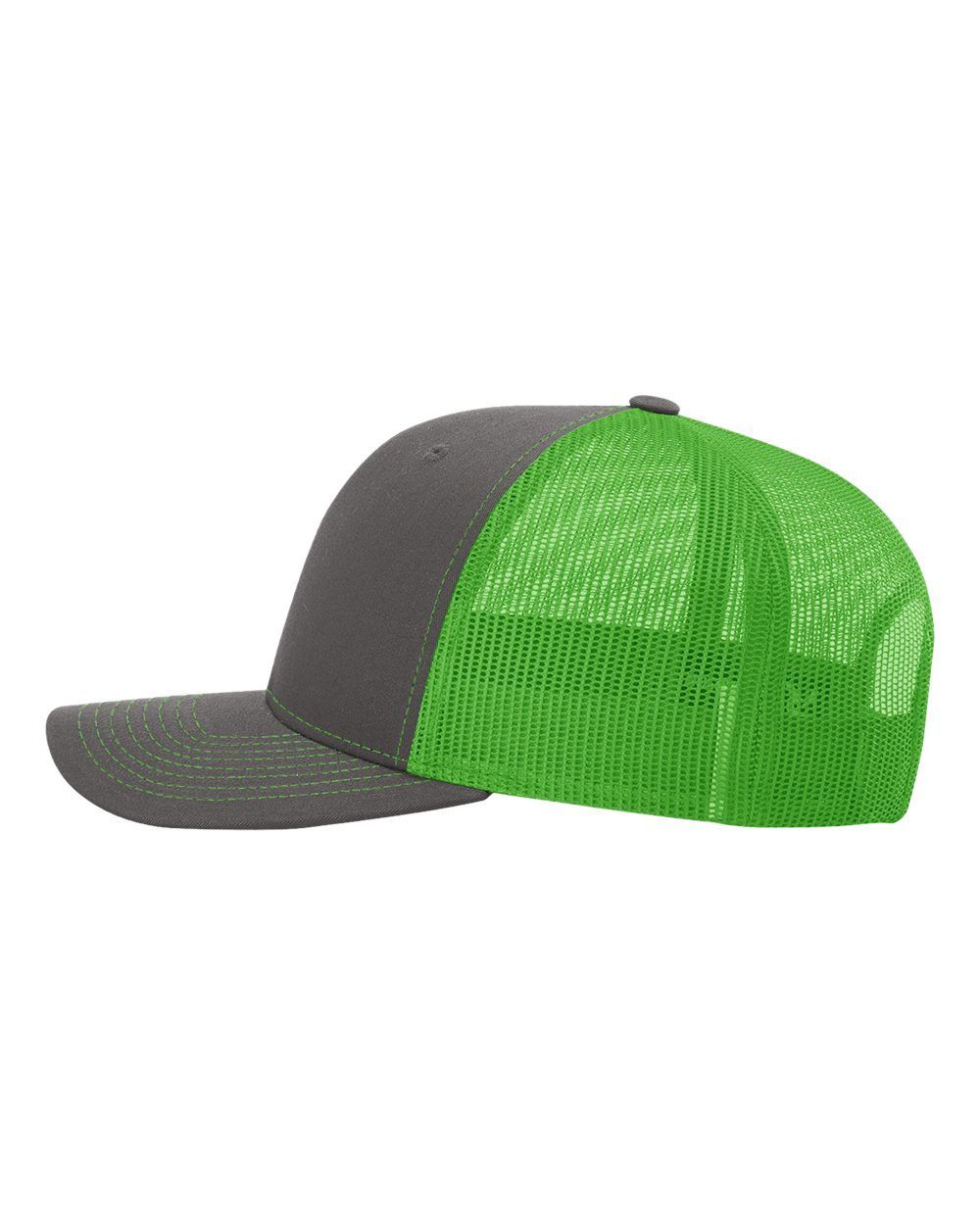 A gray and green trucker hat with a green mesh back.