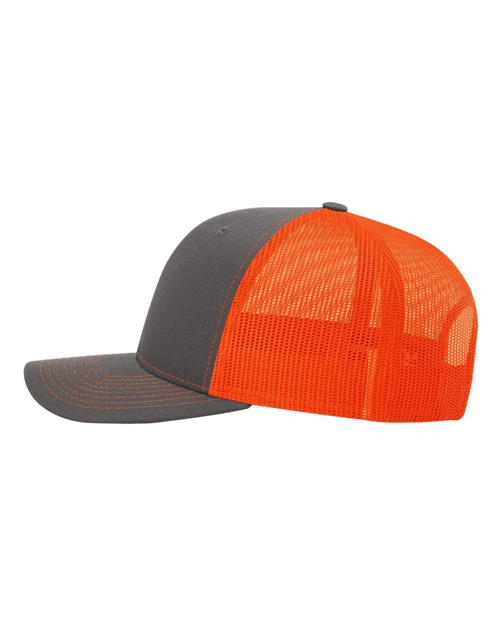A gray and orange baseball cap with a mesh back on a white background.