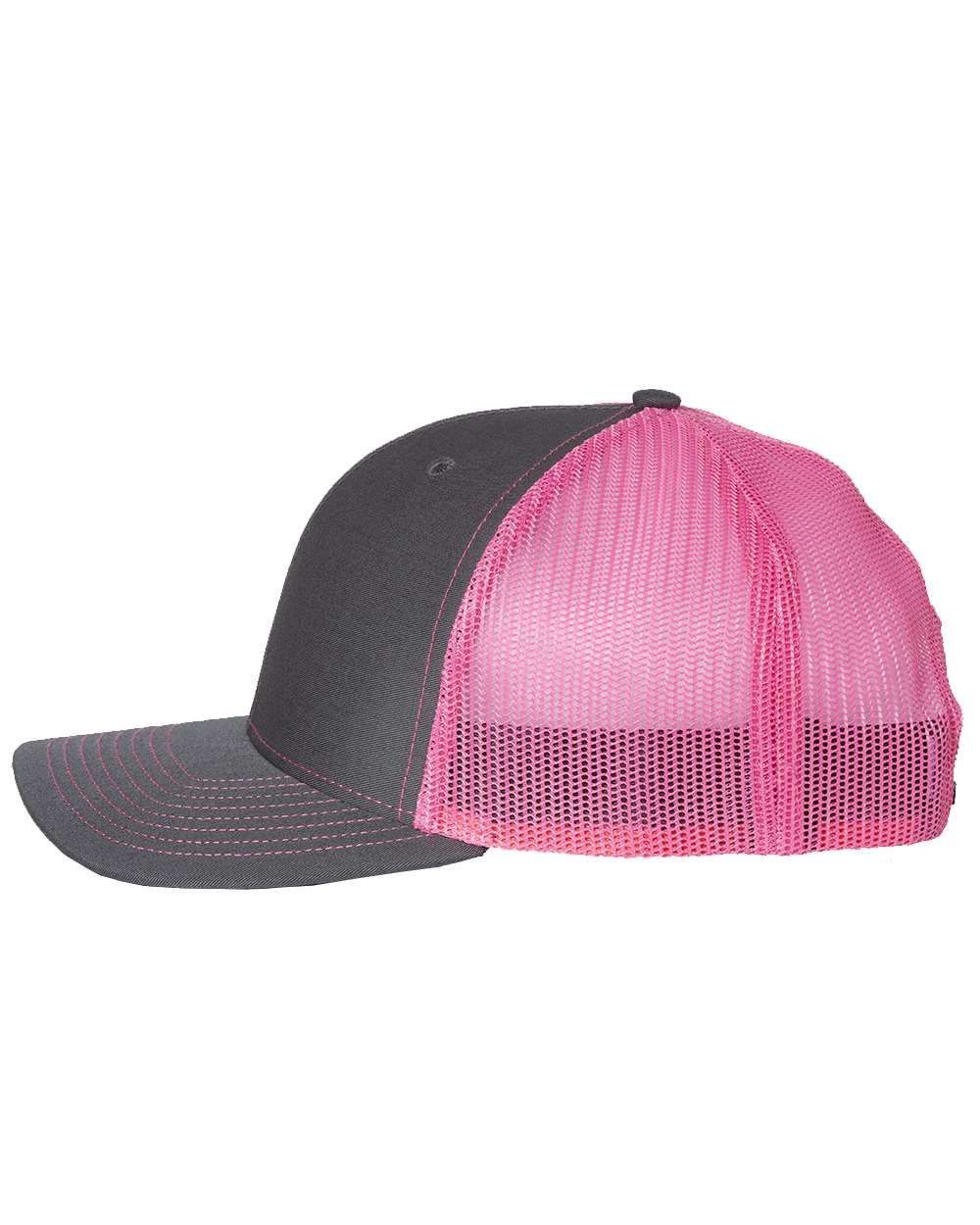 A black and pink trucker hat with a pink mesh back.