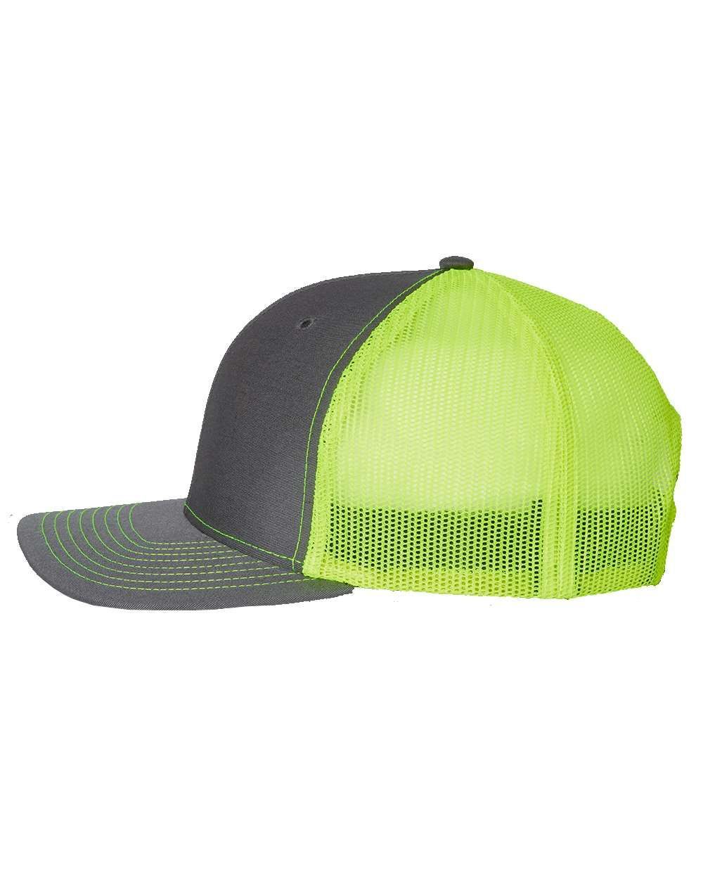 A black and neon yellow trucker hat on a white background.