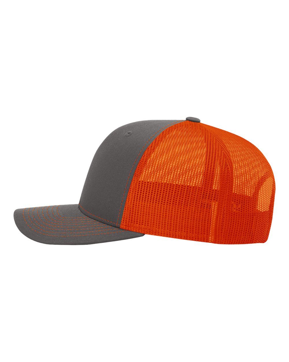 A gray and orange baseball cap with a mesh back