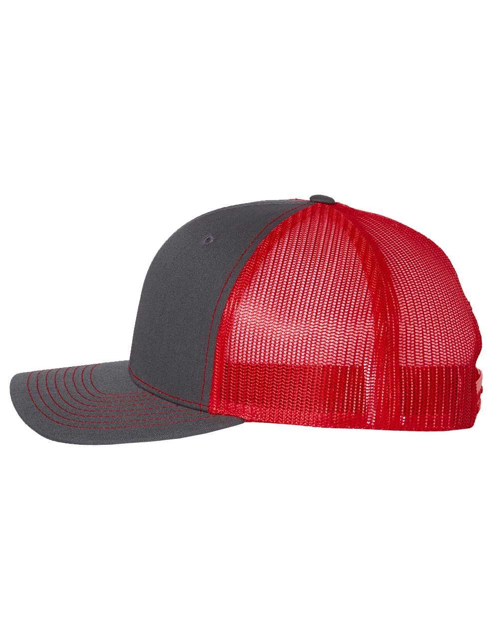 A gray and red trucker hat with a red mesh back.