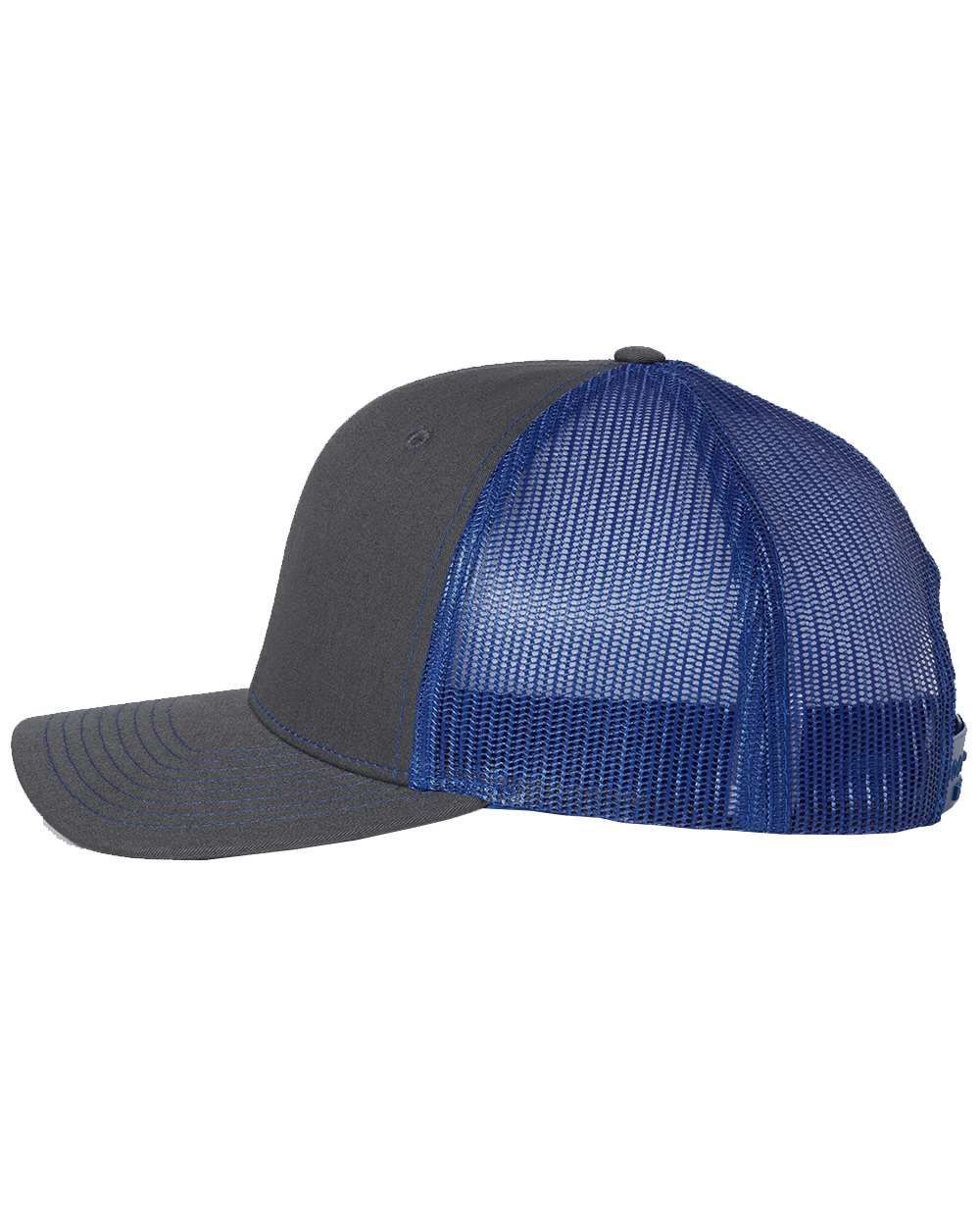 A gray and blue trucker hat with a blue mesh back.