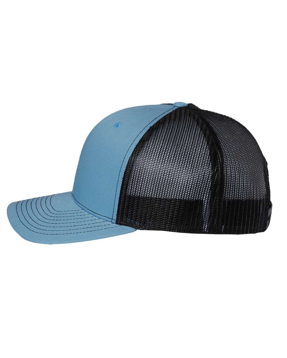 A blue and black baseball cap with a mesh back on a white background.