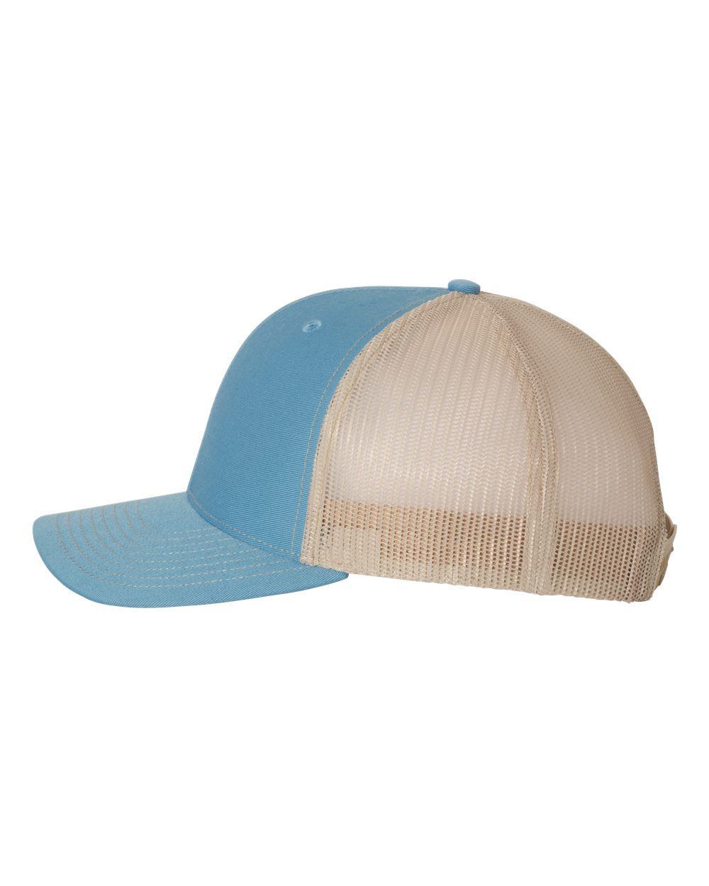 A blue and white baseball cap with a mesh back