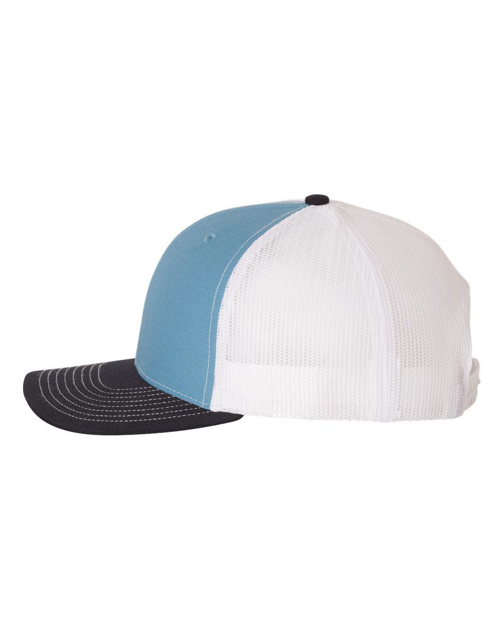 A white and blue baseball cap with a black brim on a white background.