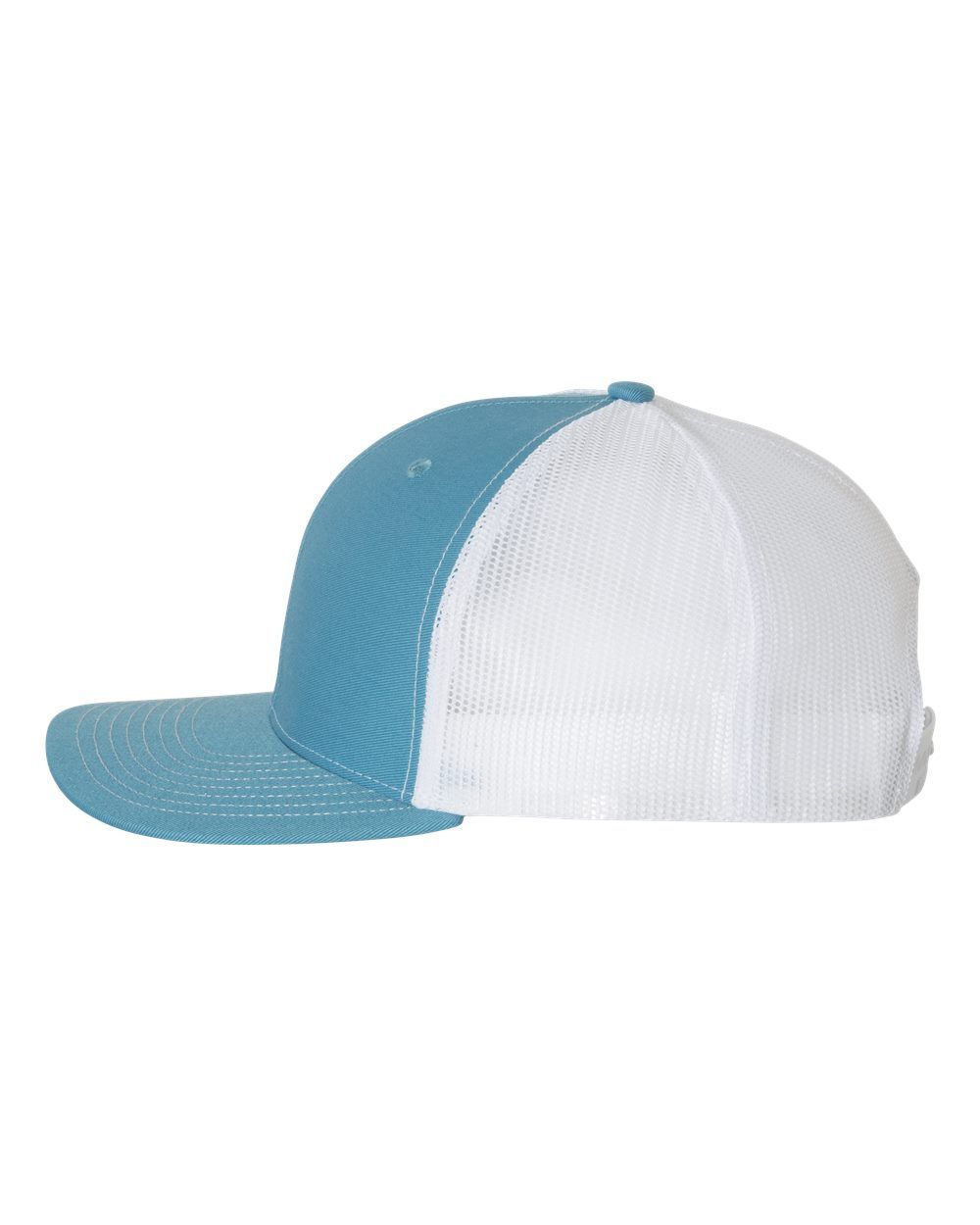 A blue and white baseball cap with a mesh back on a white background.