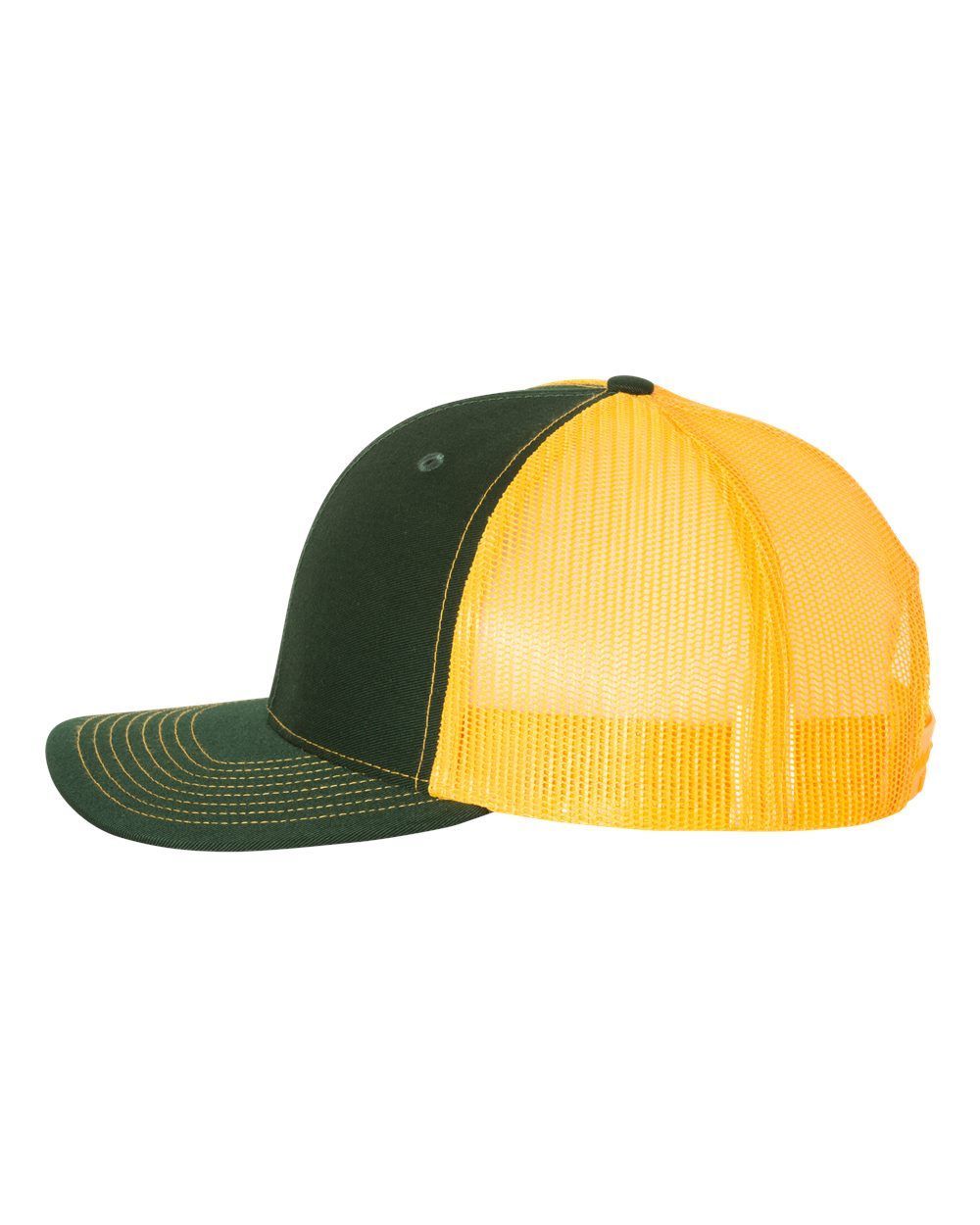 A green and yellow trucker hat on a white background
