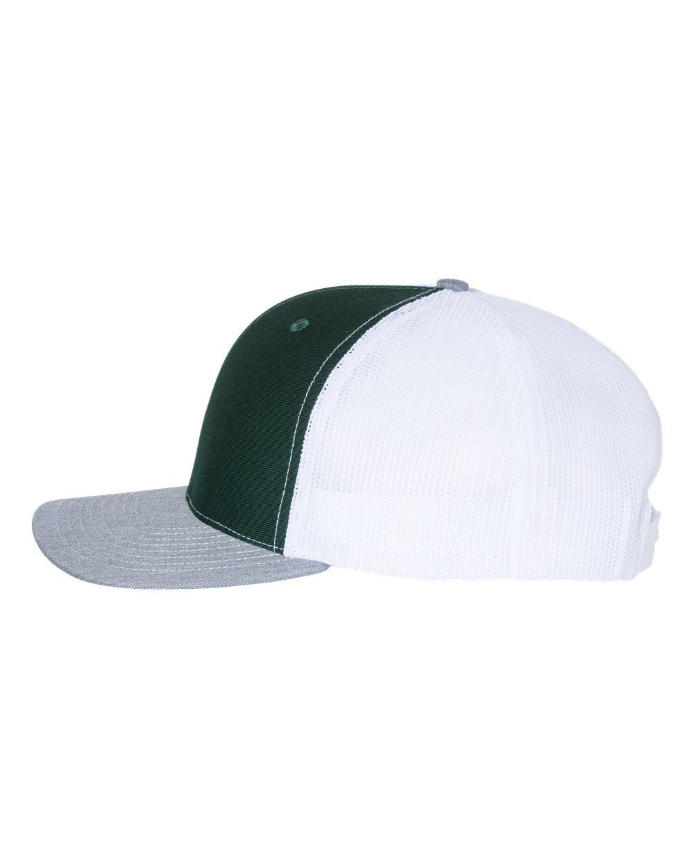 A white and green baseball cap with a gray brim on a white background.
