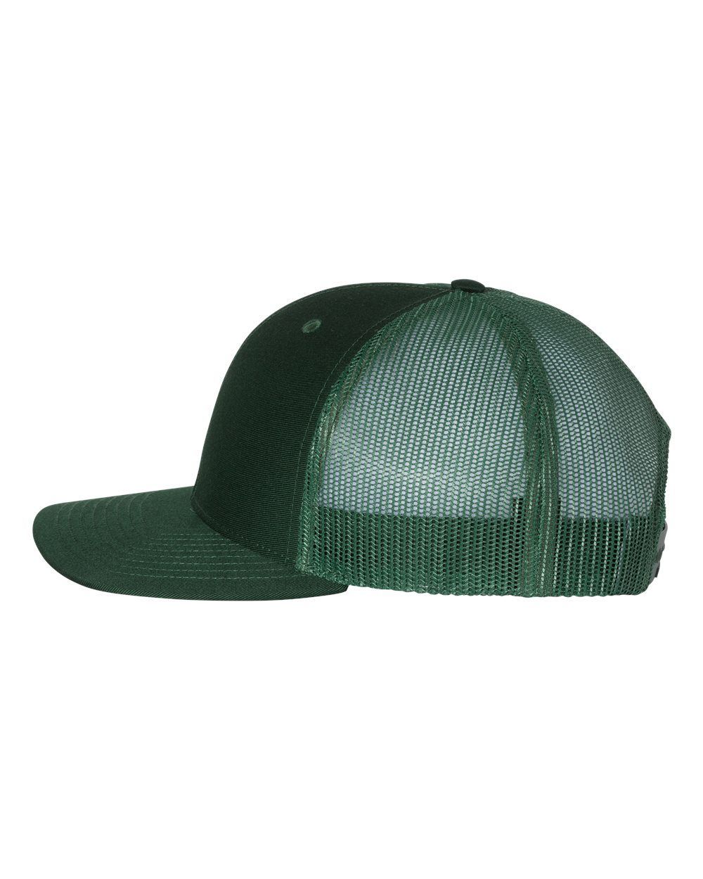 A green trucker hat with a mesh back on a white background.