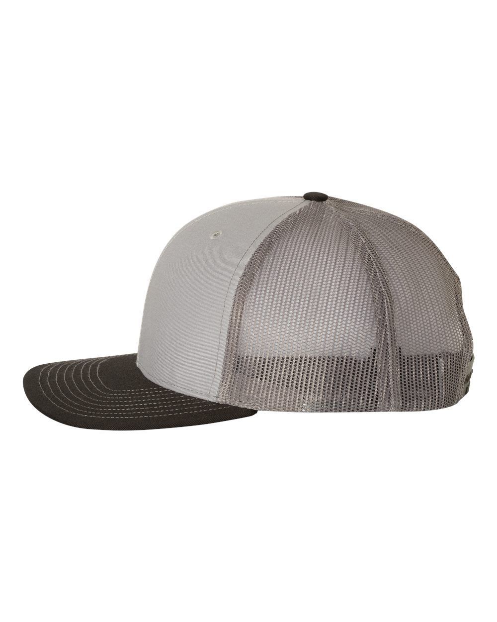A grey trucker hat with a black brim on a white background.