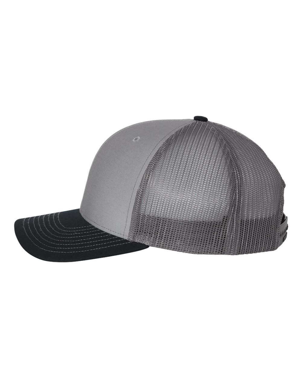 A grey trucker hat with a black brim on a white background.