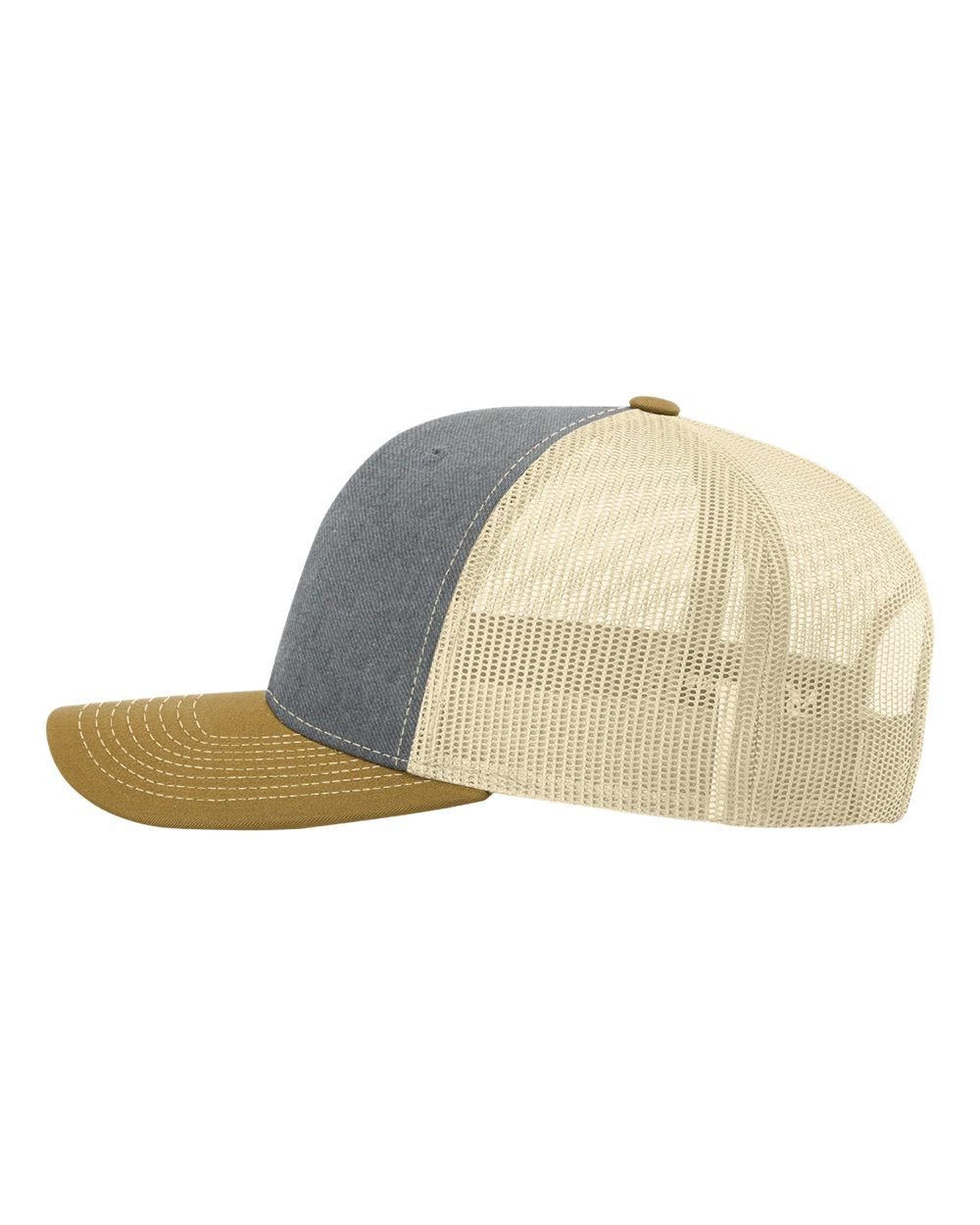 A baseball cap with a mesh back and a brown brim on a white background.