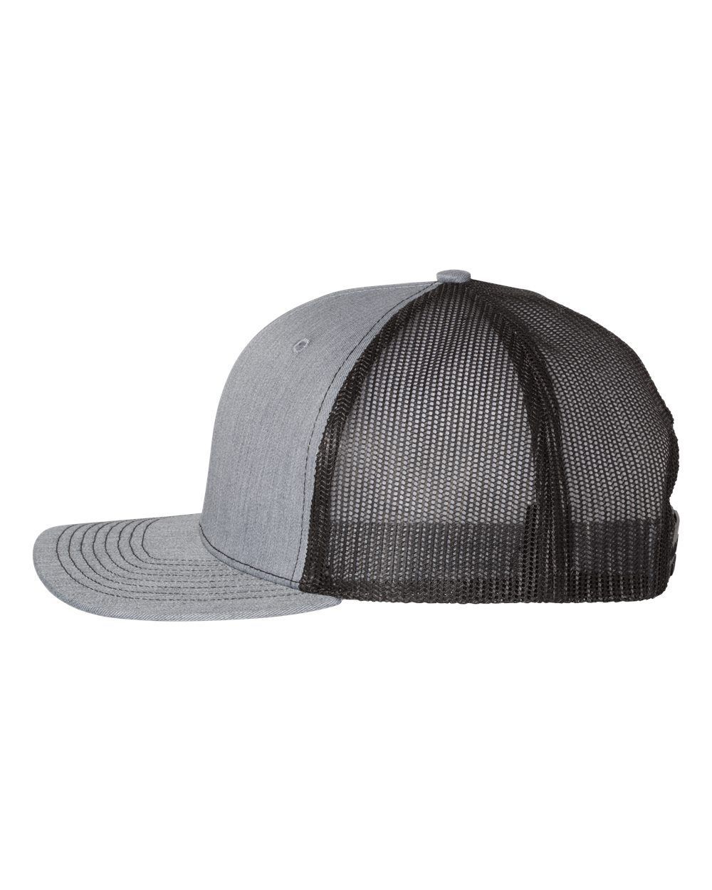A gray and black trucker hat with a mesh back on a white background.
